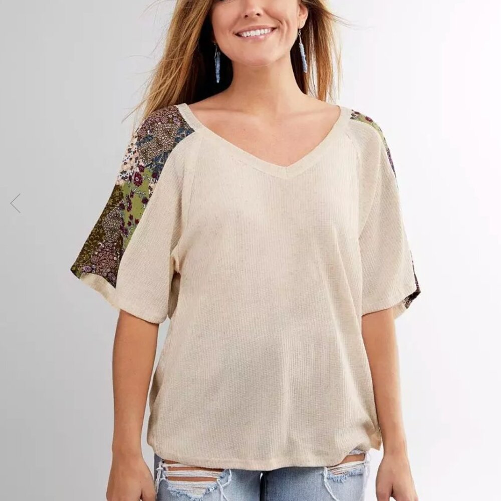 Buckle Small S Blu Pepper Cream Floral Rib Knit Pieced Linen Blend Knit Top Boho